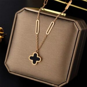 women's clover leaf necklace, reversible pendant/round titanium chain, rust resistant hollow